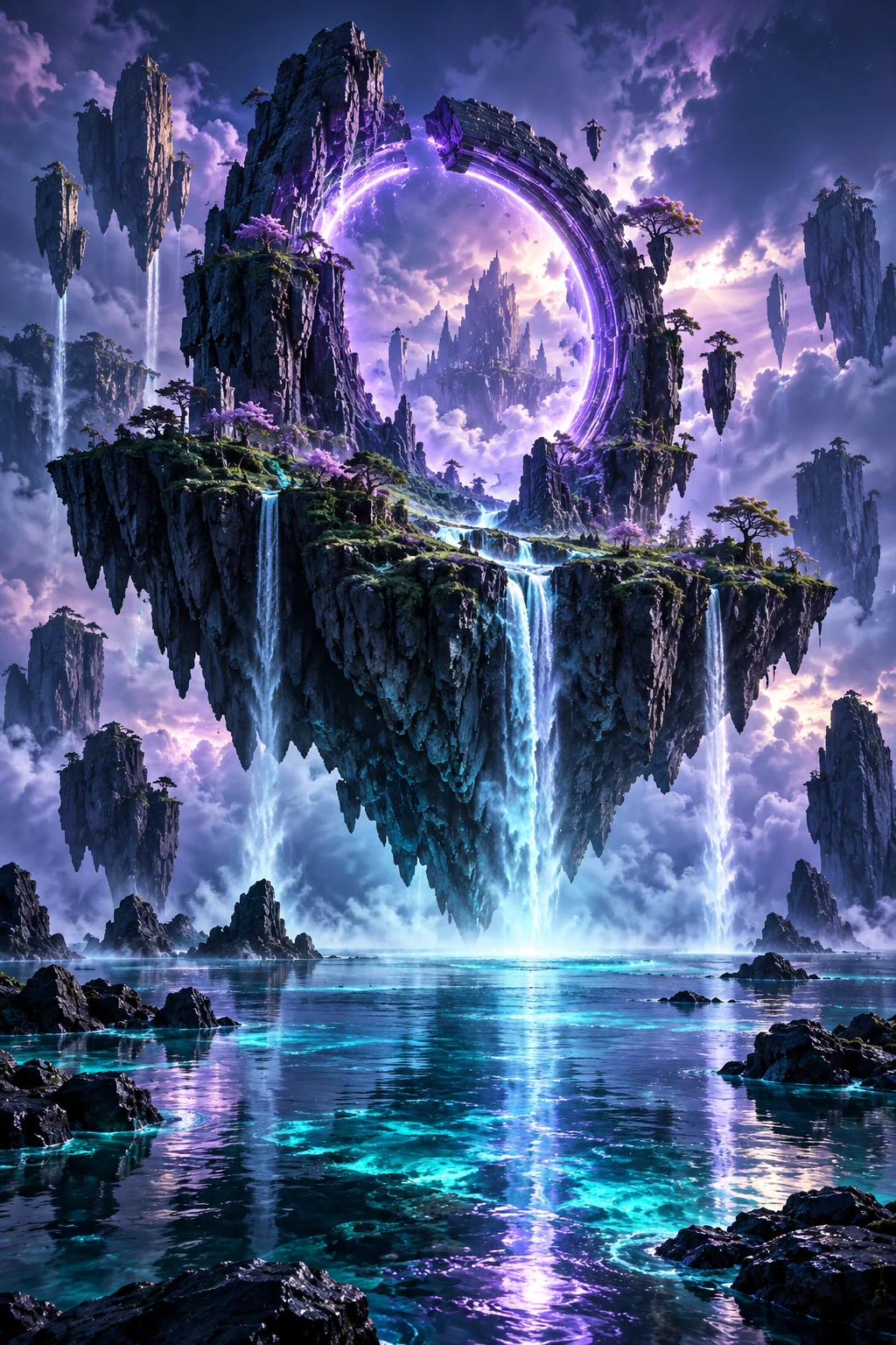 Game Art: schwebende Insel mit violettem Portal
